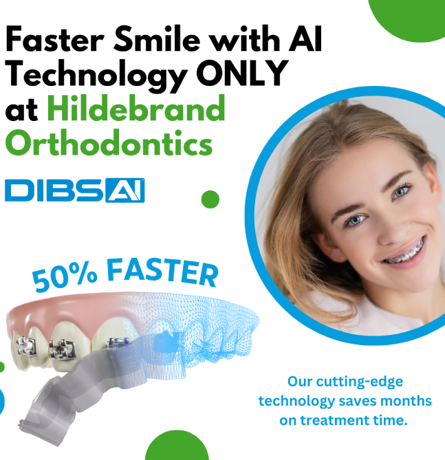 Woman smiling next to orthodontic aligners promoting 50% faster treatment with AI technology at Hildebrand Orthodontics.